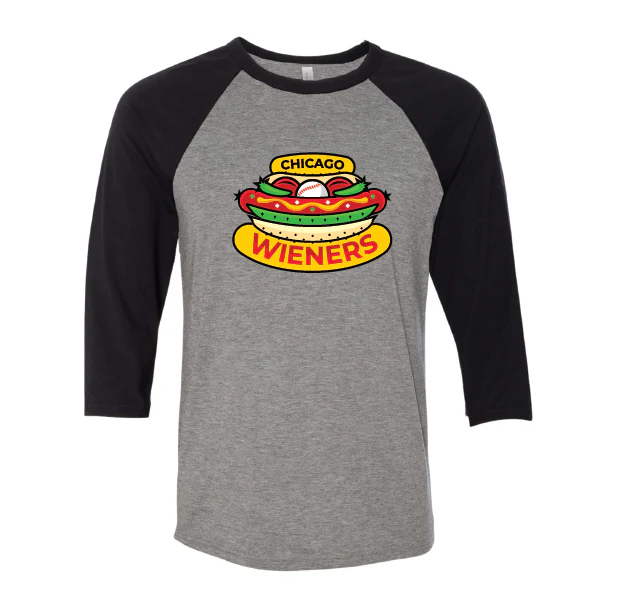CHICAGO DOGS MEN'S RAGLAN 3/4 SLEEVE TEE WIENERS LOGO - BLACK/GREY